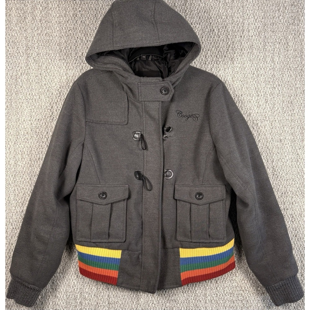 Coogi Australia Women XL Wool Hooded Toggle Jacket Rainbow Logo Y2K Coat